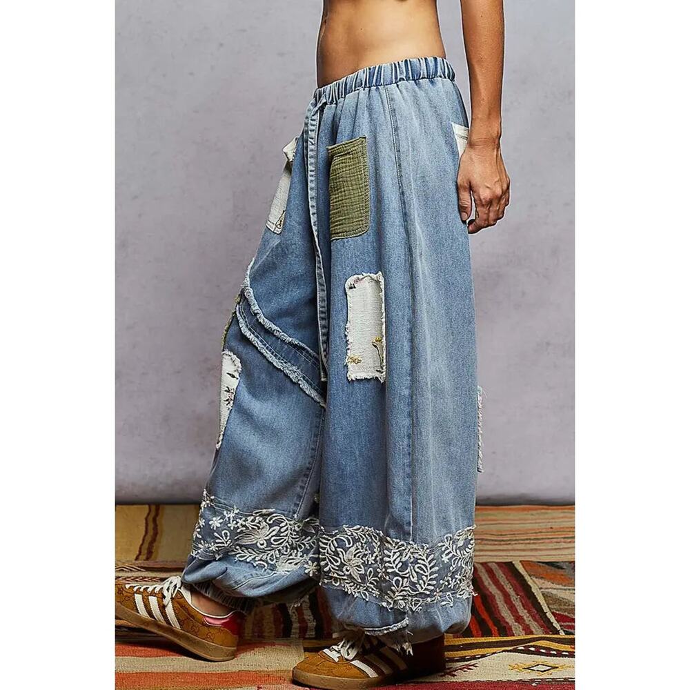 POL Denim Wide-Leg Patchwork Joggers with Olive & Cream Patches - Picture 4 of 4
